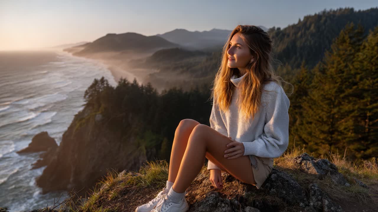 A Serene Evening by the Coast: A Young Woman Enjoys the Calm Beauty of the Sunset Over the Ocean and Mountains, Capturing the Essence of Tranquility and Reflection