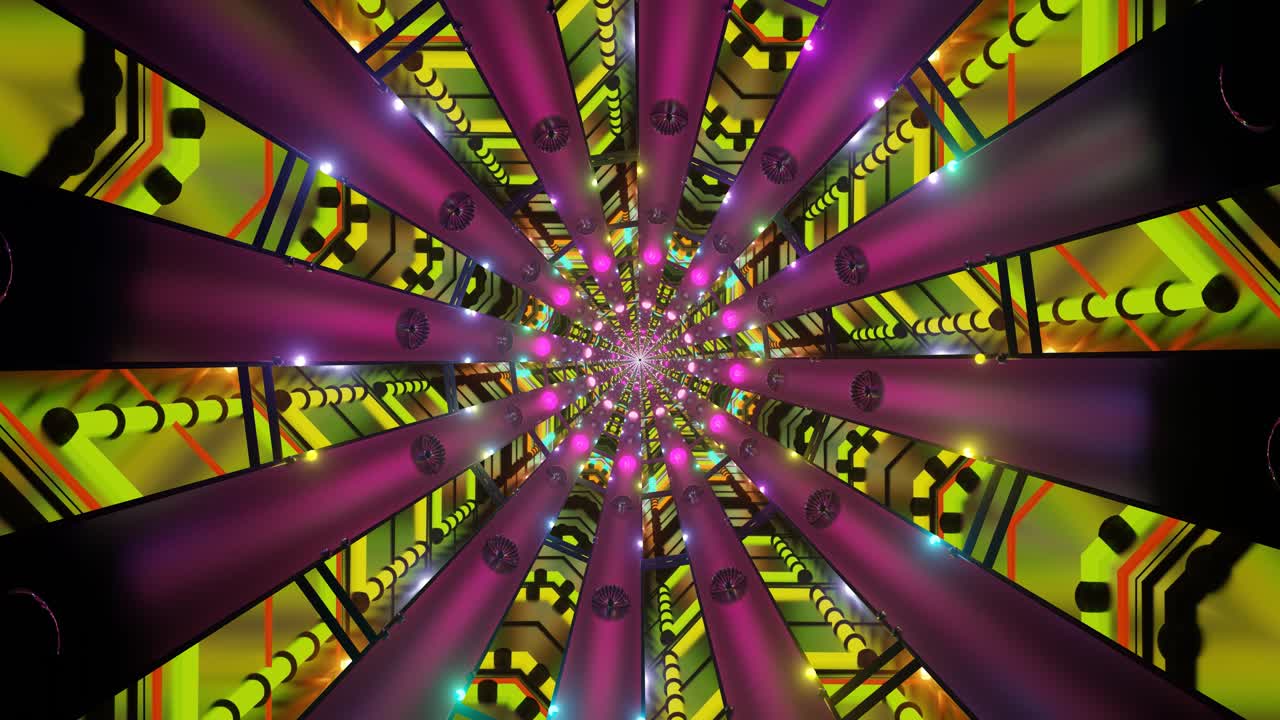 Vivid geometric patterns swirl and pulsate in an engaging design, creating an entrancing visual experience. The vibrant colors and shapes flow seamlessly through the screen, captivating attention