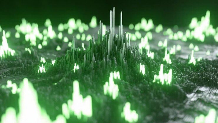 A Stunning Visualization of Green Peaks in a Digital Landscape: Exploring the Intricate Details of an Abstract 3D Rendering with Vibrant Light Effects