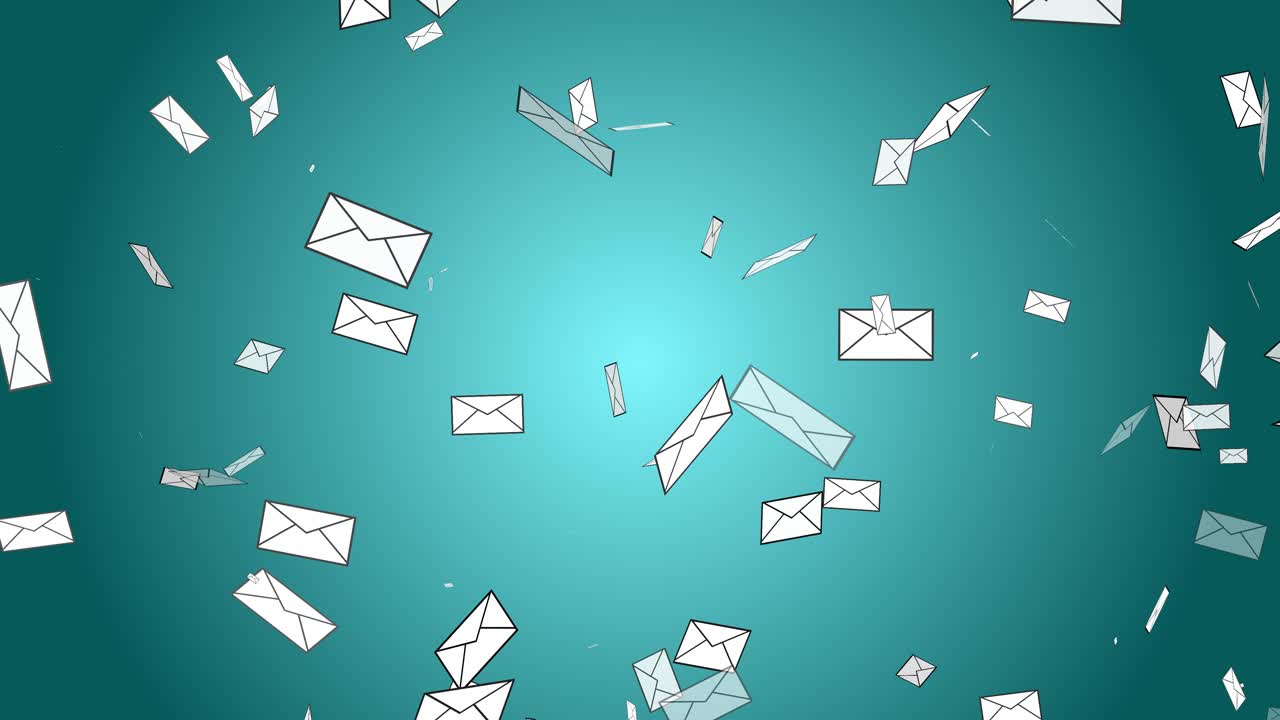 carta correo sobre postal flotando cayendo desapareciendo animación 3d en fondo gradiente entrega visual estacionaria diseño digital abstracto color dinámico cian turquesa