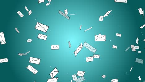 Letter-mail-postal-envelope-floating-falling-disappear-3D-animation-on-gradient-background-stationary-visual-delivery-digital-design-abstract-dynamic-colour-turquoise-cyan