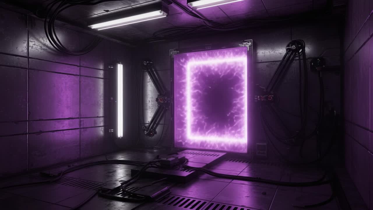 A Mysterious Portal in a High-Tech Laboratory: Glowing Purple Energy Pulsates Through the Walls, Setting a Sci-Fi Atmosphere of Exploration and Intrigue