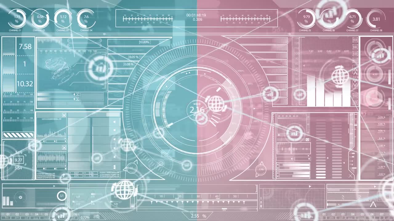 Animation of network of connections with icons over data processing