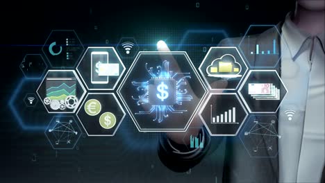 empresario tocando el icono de la tecnología financiera, la tecnología financiera y varios iconos de información. película de tamaño 4k.