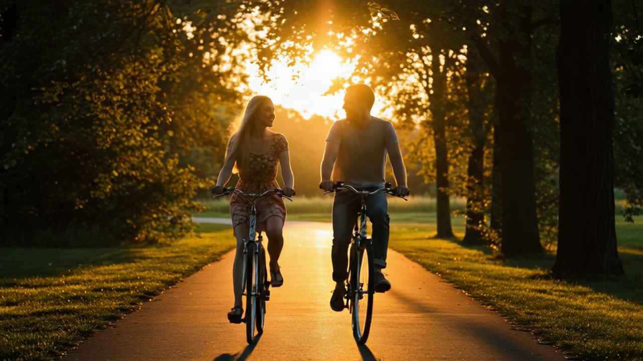 A couple cycling on a tree-lined path at sunset