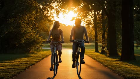 a couple cycling on a tree-lined path at sunset