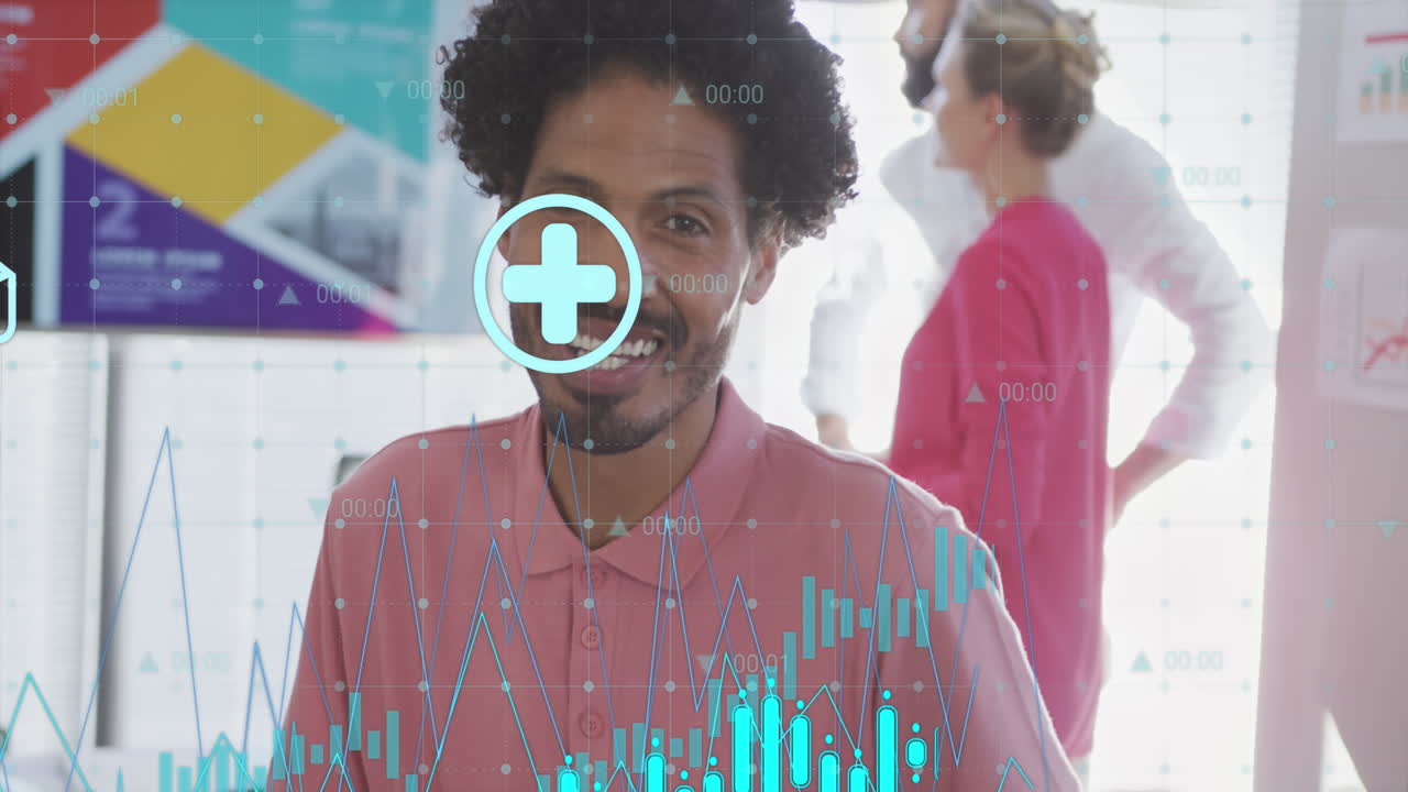 Animation of financial data processing over biracial businessman