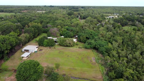 High-drone-shot-of-horse-paddocks-with-stables-and-shed