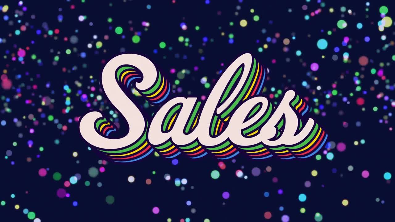 animación del texto del arco iris de ventas retro sobre múltiples puntos que se mueven en movimiento hipnótico en el fondo