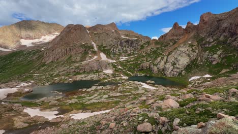 Sonnenlicht-Windom-Peak-Silverton-Sommer-Morgen-Gletscher-Twin-Lakes-Chicago-Becken-Colorado-Silverton-San-Juan-Range-Rocky-Mountains-Schneeschmelze-Mount-Eulos-Fourteeners-Juli-Blauer-Himmel-Wolken-Schwenk-Nach-Rechts