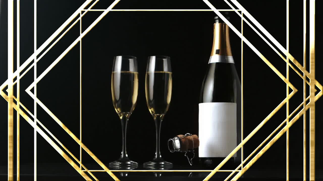 검은색 바탕에 기하학적 모양의 애니메이션을 가진 페인 병과 컵