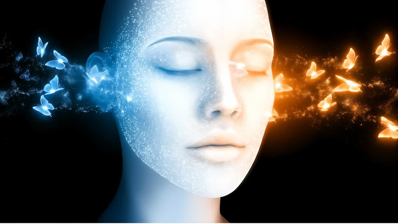 Calm face with butterflies art. A serene face surrounded by blue and orange butterflies, representing calmness and creativity in a digital artwork