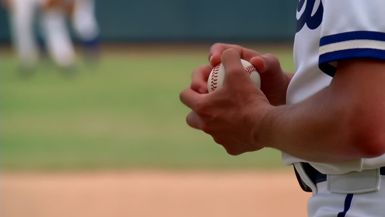 Primo piano di un giocatore di baseball che tiene in mano una palla da baseball