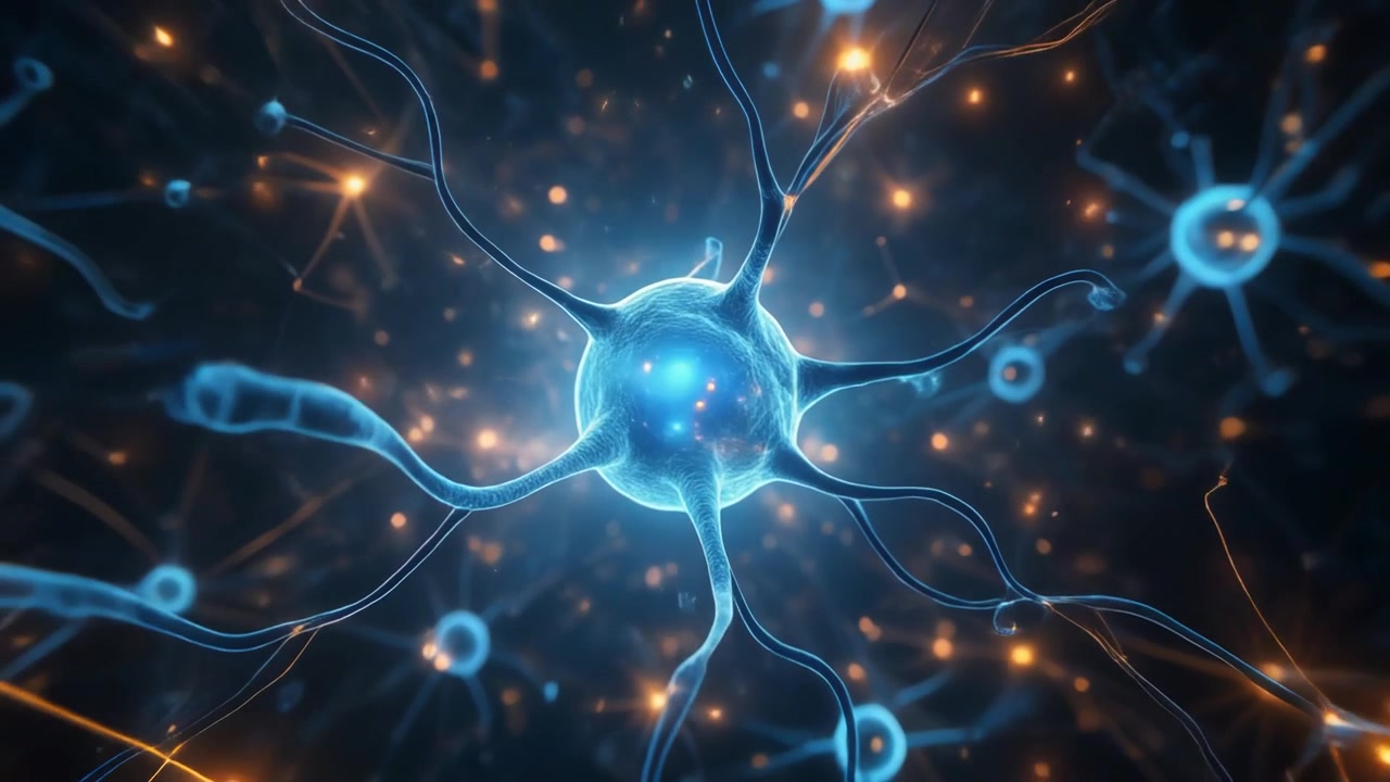 Microscopic View of Glowing Neurons and Neural Network Connections
