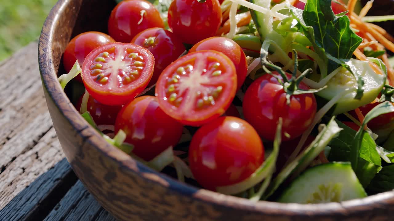 Close-up of a vibrant salad in a rustic bowl on a wooden table, shot at eye level