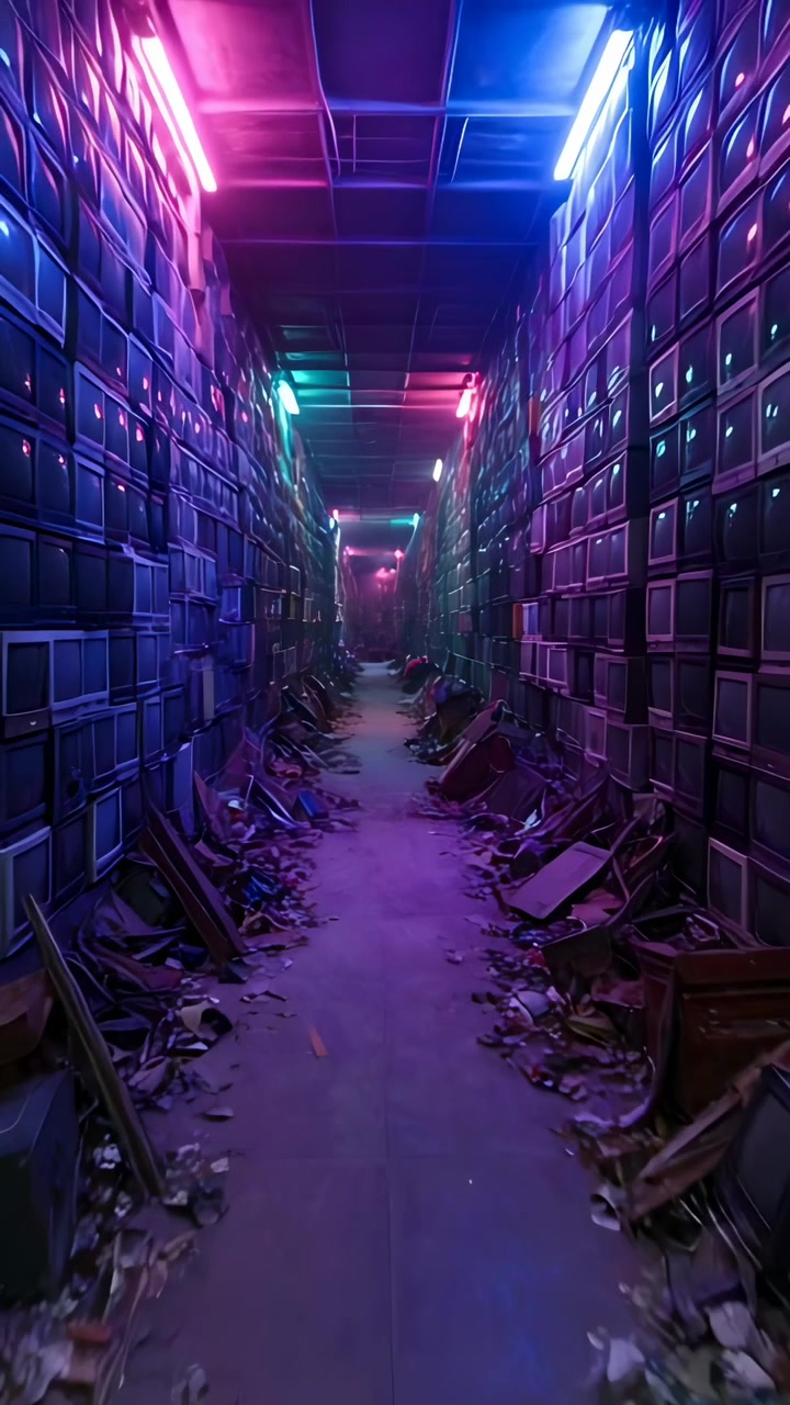 Vertical video: Flickering neon casting magenta cyan down corridor revealing stacked CRTs and trash
