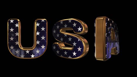 usa - 3d inscription. golden animated letters with a vibrant national star pattern. country name animation. loop. alpha channel.