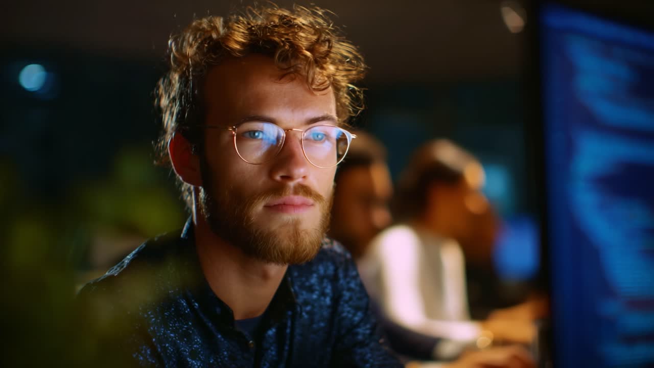 Focused Individual in a Tech Environment, Engaged with Computer Screen, Surrounded by Colleagues Working on Coding and Software Development at Night