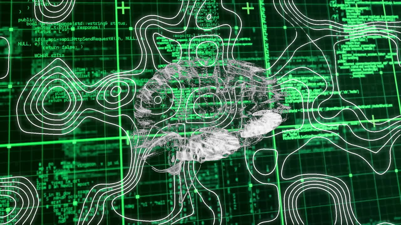 Topographic lines and digital data processing animation over green grid background