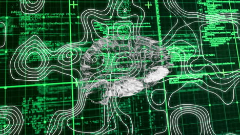 topographic lines and digital data processing animation over green grid background