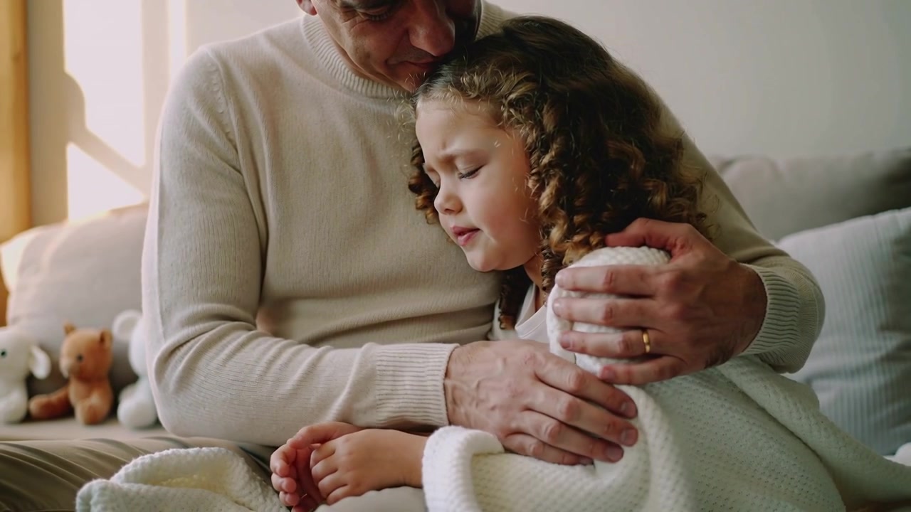 Uomo con un maglione beige che avvolge una coperta di maglia attorno al bambino che chiude gli occhi sul divano, confortandolo.