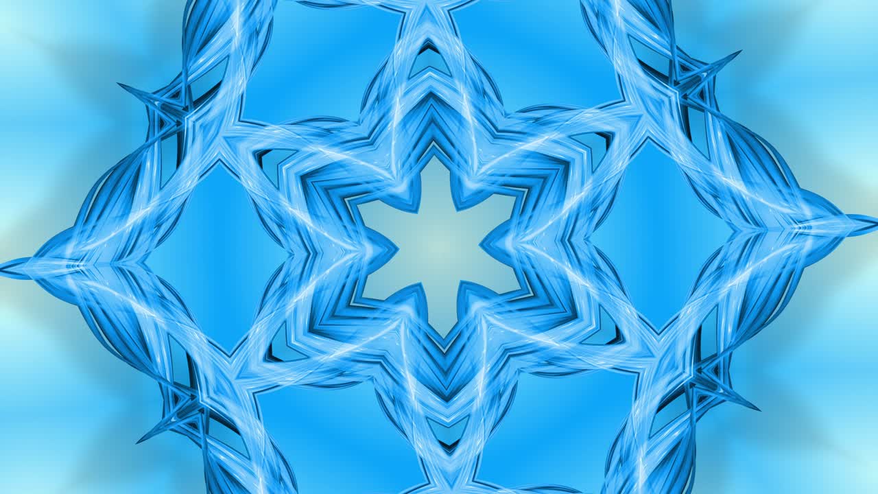 animación en bucle 3d, un fondo abstracto con cintas azules girando y formando estrellas o copos de nieve como con un efecto caleidoscópico. 4k imágenes sin costuras con luma matte como canal alfa. 6