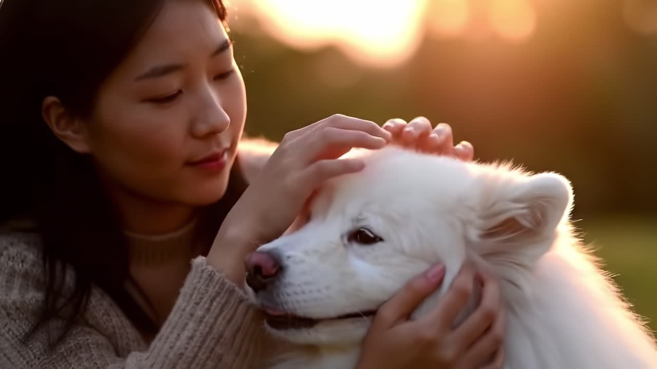A Heartwarming Moment Shared Between a Woman and Her Beloved Samoyed Dog as the Sun Sets, Capturing the Essence of Friendship and Affection in Nature's Glow