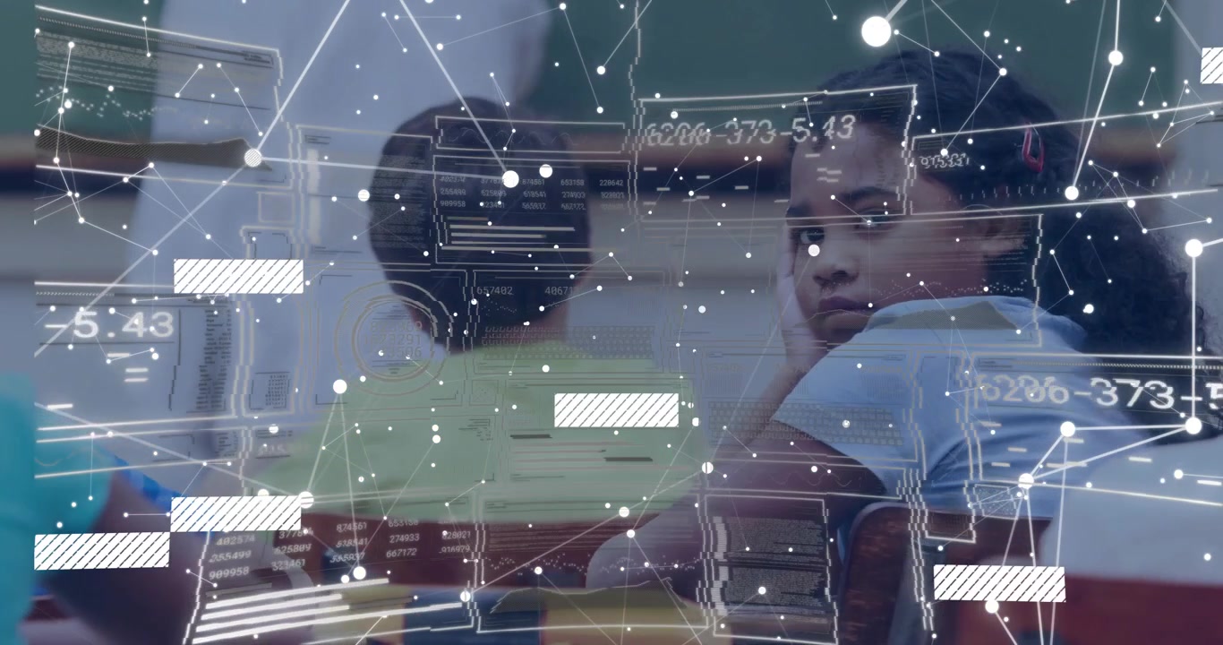 Teacher writing equations on chalkboard driving digital overlay in classroom as girl turning head