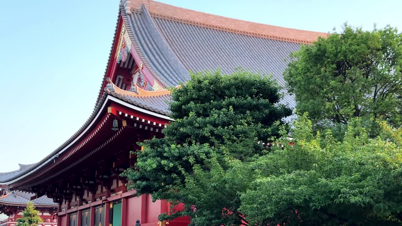 el techo tradicional del templo japonés mirando a través de árboles verdes exuberantes en un día claro y soleado