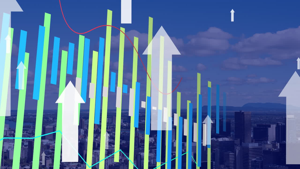 도시 풍경 위의 데이터 처리 애니메이션