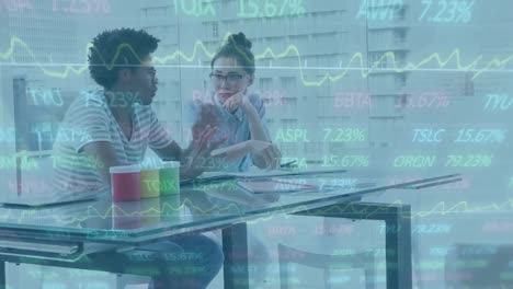 animation of trading board over diverse coworkers sharing ideas at office