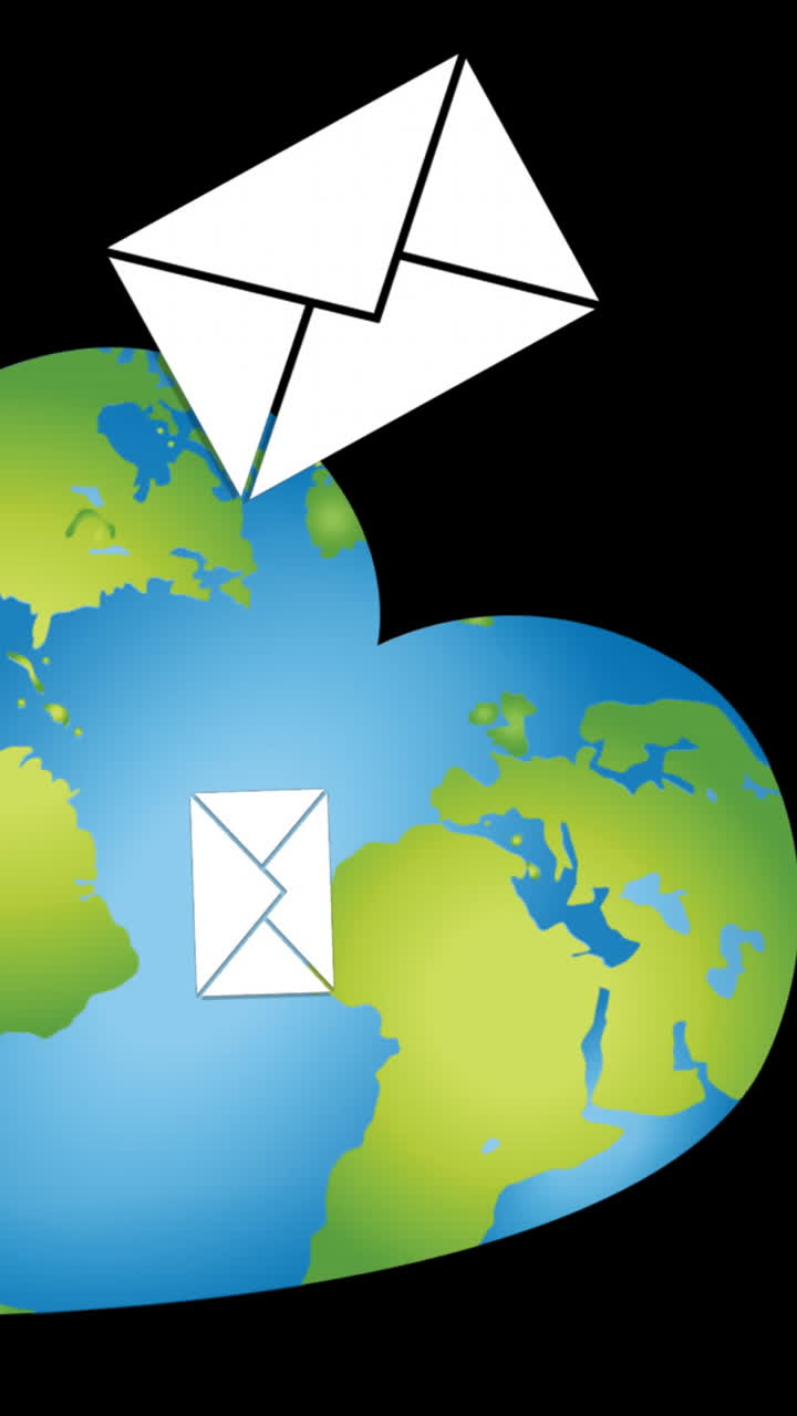 Animazione di email che fluttuano su un globo a forma di cuore su sfondo nero.