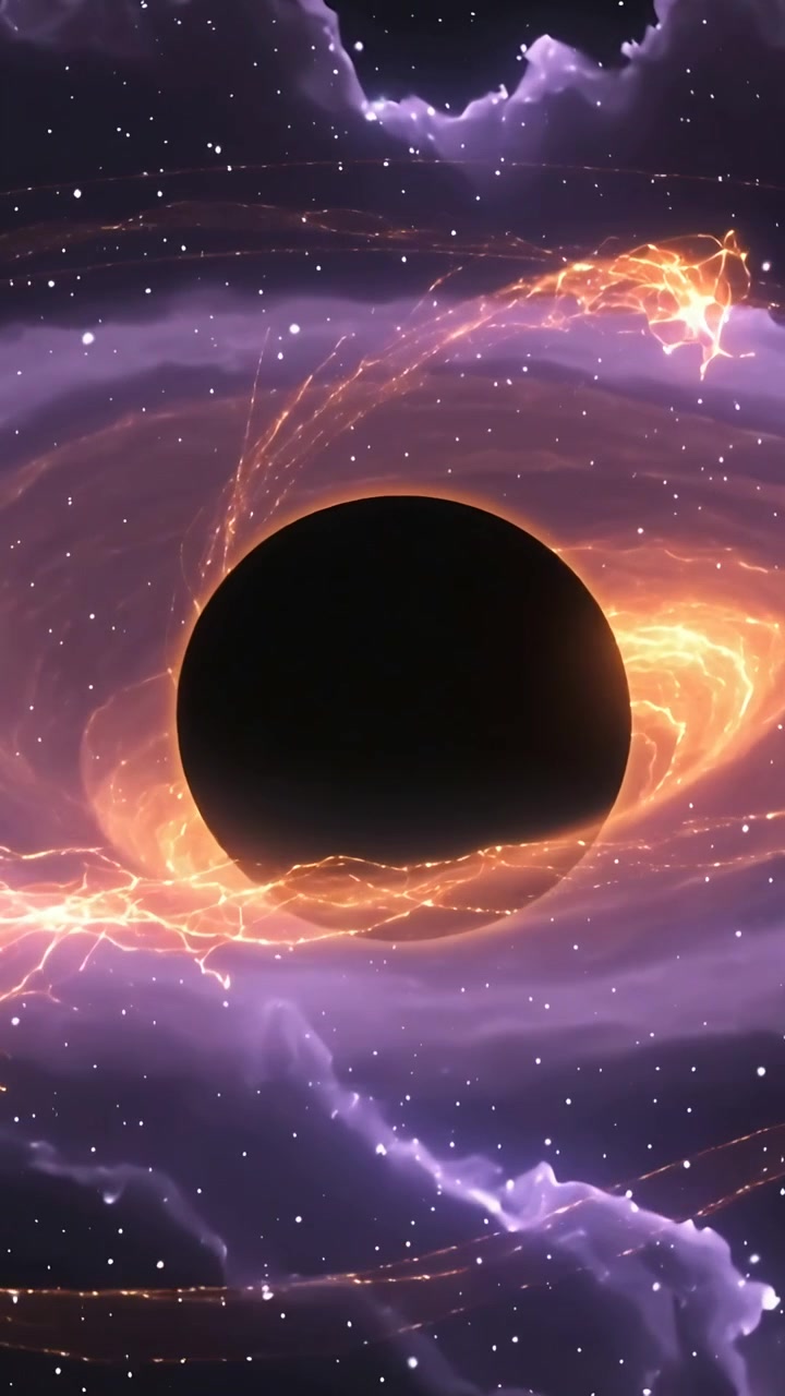 Vertical video: Brightening orange ring circling black disk sending plasma arcs in deep space
