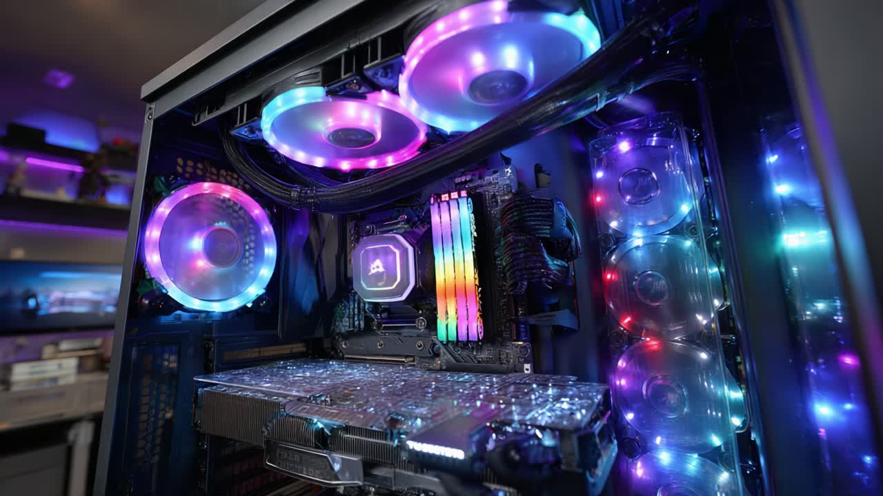 A Stunningly Illuminated Computer Case Showcasing High-Performance Hardware with Vibrant RGB Lighting and an Impressive Cooling System for Optimal Performance