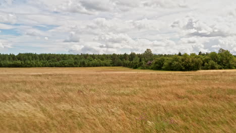 tiefflug über eine wiese auf ein landhaus im hintergrund zu