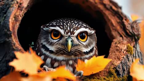 un búho mirando desde un hueco en un árbol