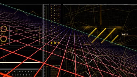 Animation-Des-Diagramms,-Ladekreise,-Navigationsmuster-über-Gittermuster-Vor-Schwarzem-Hintergrund