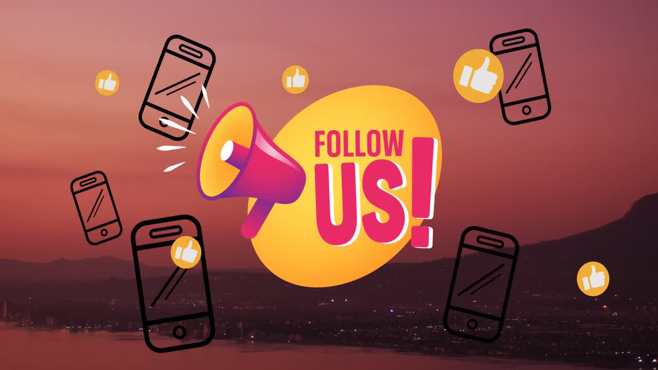 animación de iconos de las redes sociales sobre el atardecer y el paisaje marino