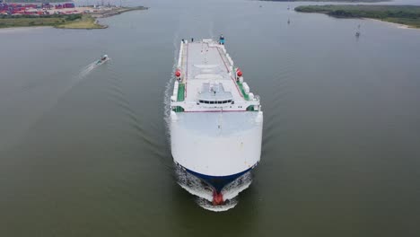 Aerial-View-of-large-ship-underway-near-Morgan's-Point-in-LaPorte,-Texas