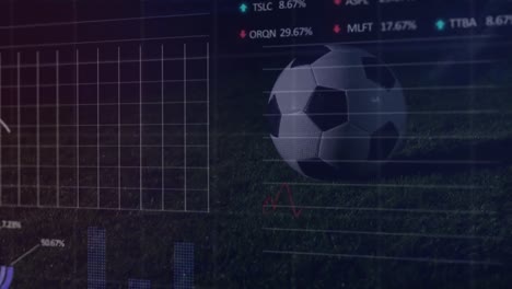 Animation-of-graphs-and-data-over-ball-and-legs-of-soccer-player-at-stadium