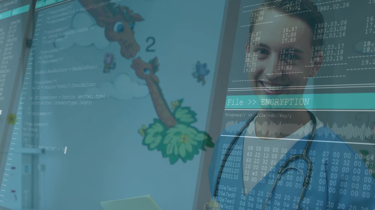 Male clinician scanning chart in pediatric room, activating FileENCRYPTION overlay over mural