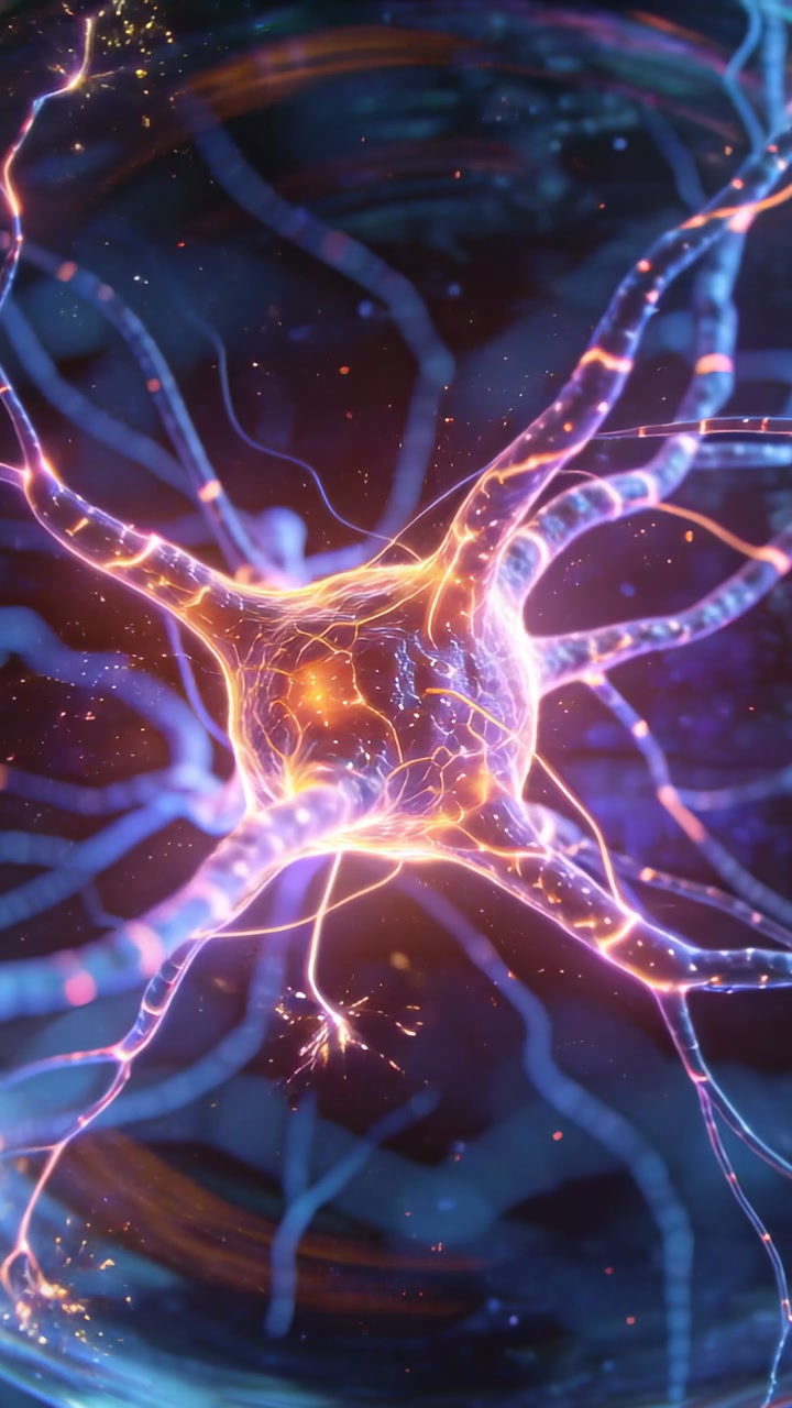 Vertical video: Soma brightening neuron pulsing, sending spikes in neural net with synapse sparks