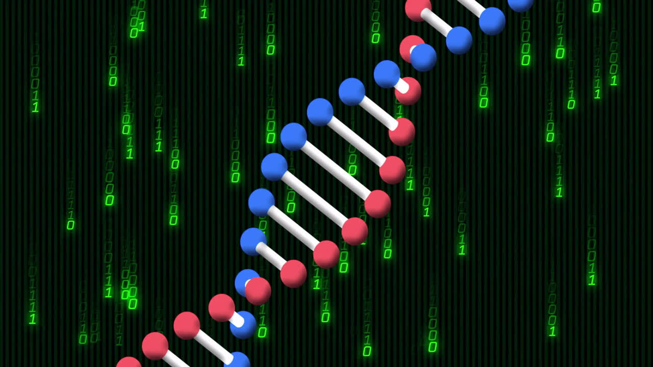 Processing scientific data, DNA strand and binary coding animation in focus