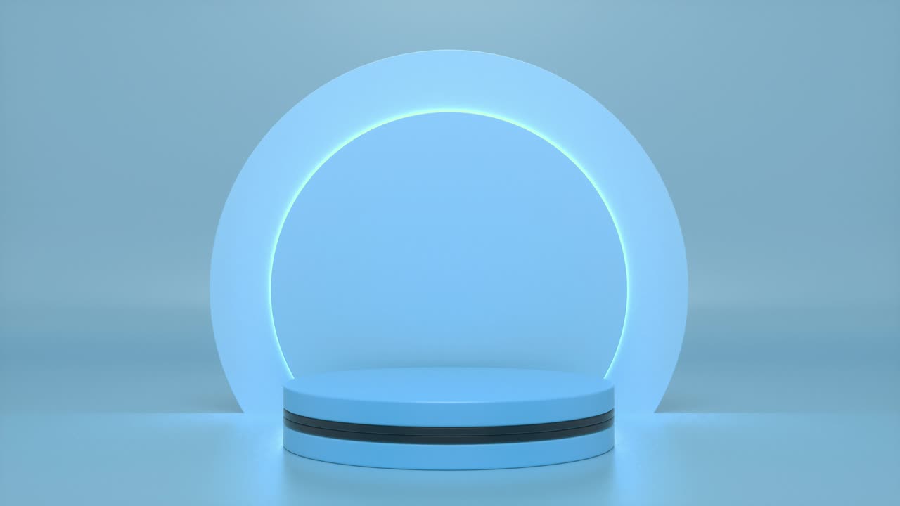 podio azul con un círculo de neón parpadeante brillante. vitrina futurista con plataforma para la exhibición de productos. escenario vacío con luz eléctrica. composición de formas geométricas. bucle de animación 3d 4k