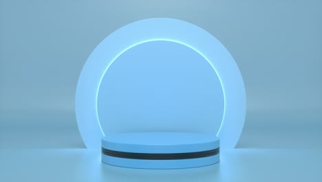 podio azul con un círculo de neón parpadeante brillante. vitrina futurista con plataforma para la exhibición de productos. escenario vacío con luz eléctrica. composición de formas geométricas. bucle de animación 3d 4k