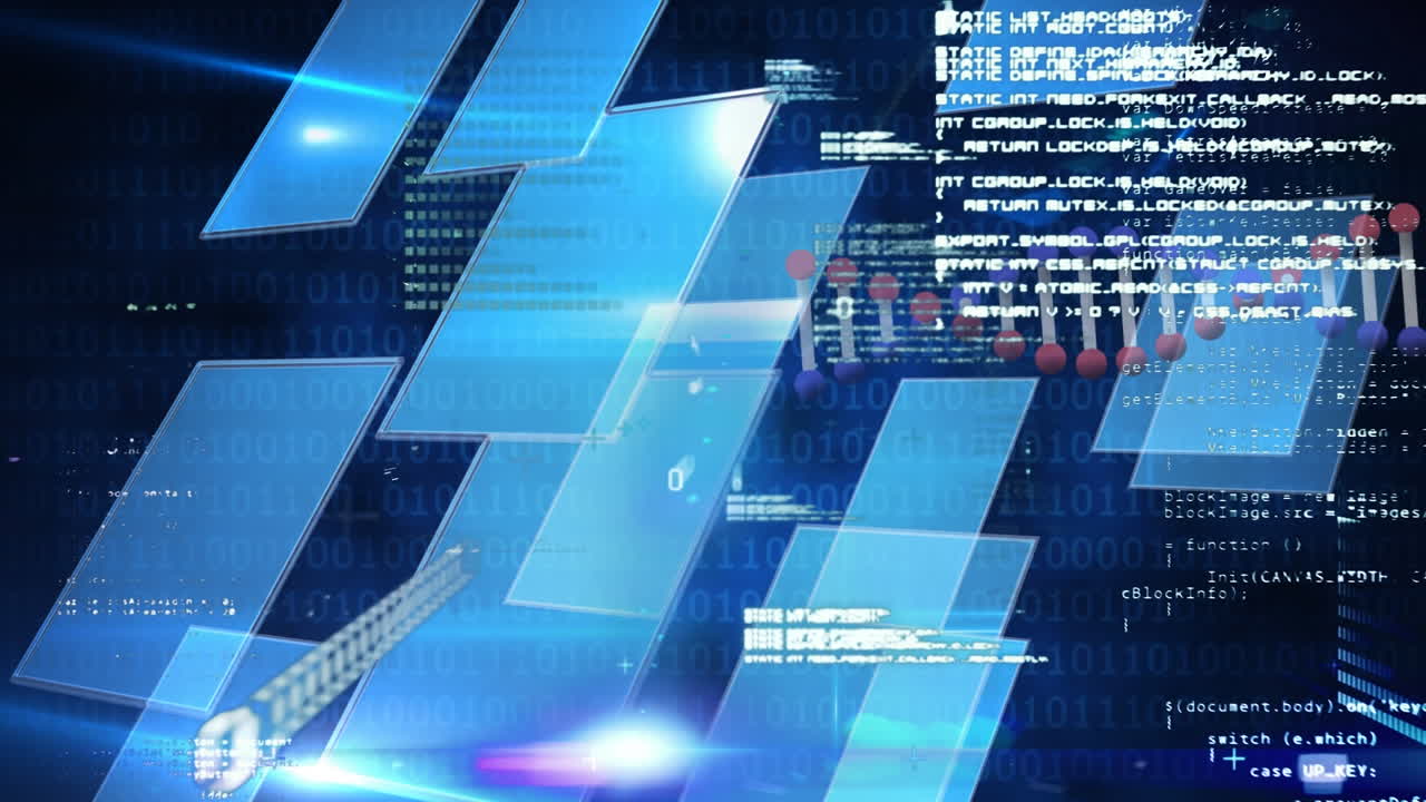 파란색 배경의 사각형 모양 디자인에 대한 dna 구조 스핀링과 데이터 처리