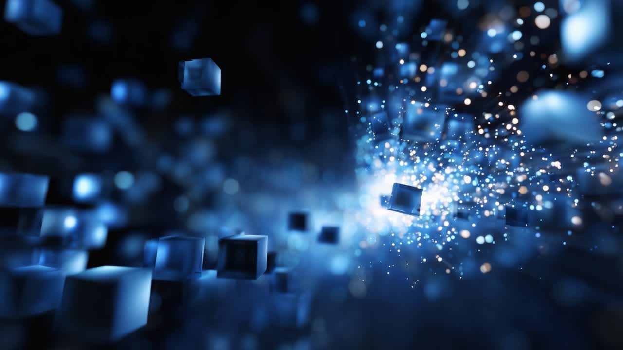 Dynamic Visuals of Blue Cubes and Sparkles Flowing Through Space with a Surreal Light Effect Creating a Magical Atmosphere of Depth and Motion