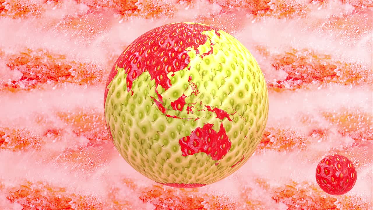 신선한, 익은, 맛있는 은 딸기 과일 3d 렌더링 애니메이션 추상적인 배경, 회전하는 지구 행성 및 세계 지구 개념 그래픽 디자인 원활한 루핑 4k 애니메이션, 채식주의 여름 간식