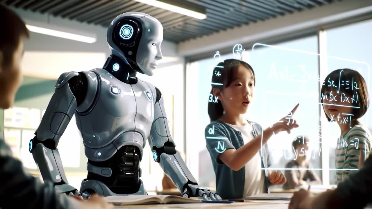 In a modern classroom, a humanoid robot aids children as they explore math concepts. Kids interact with the robot, discussing and solving problems.
