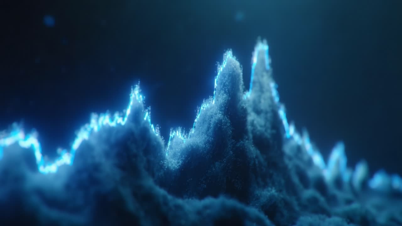 Una visualizzazione ipnotica di picchi elettrici e onde blu, che raffigura la convergenza di luce e texture in uno straordinario paesaggio digitale